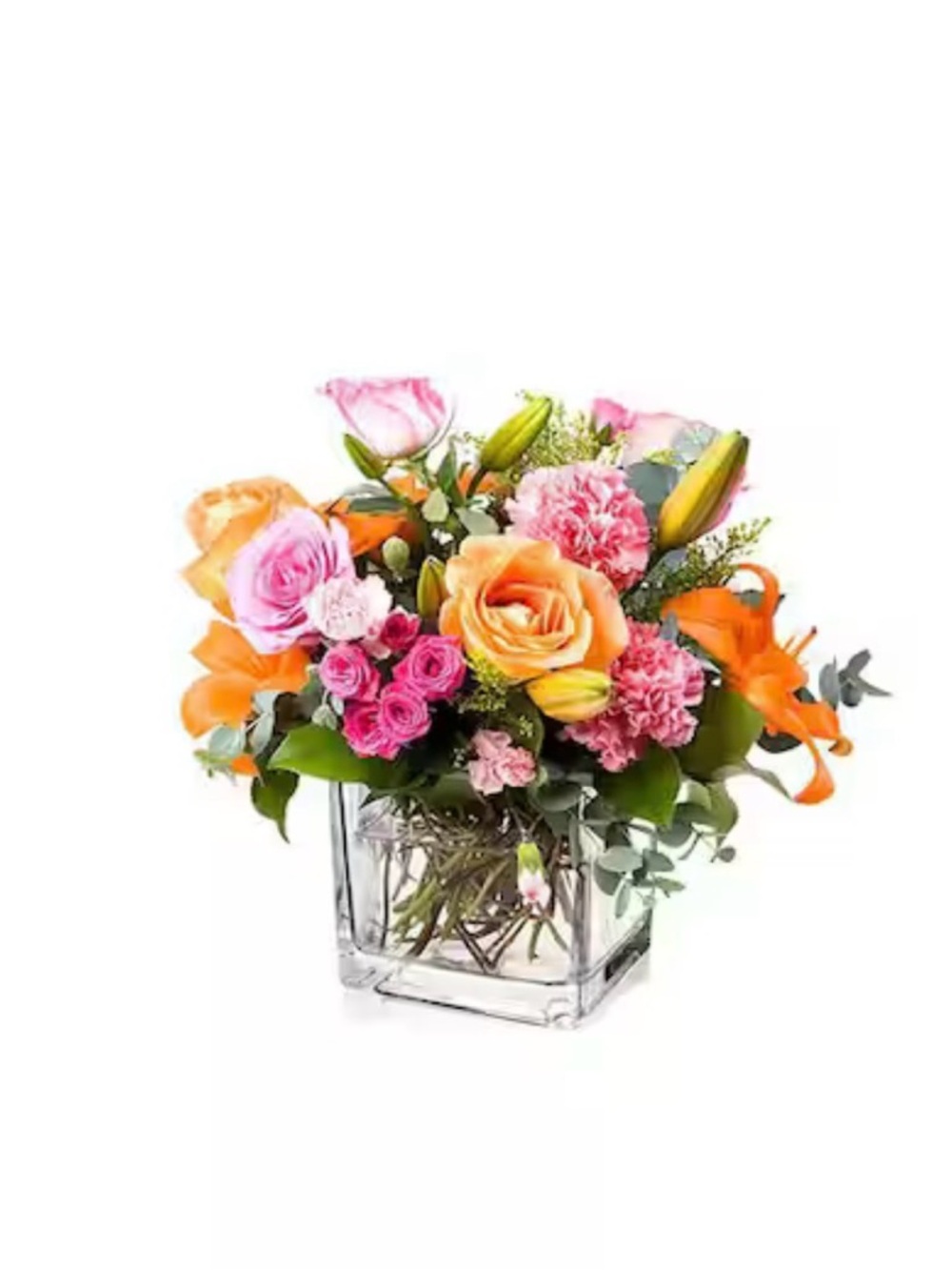 Bright Mixed Pink & Orange Floral Arrangement in Clear Cube Vase